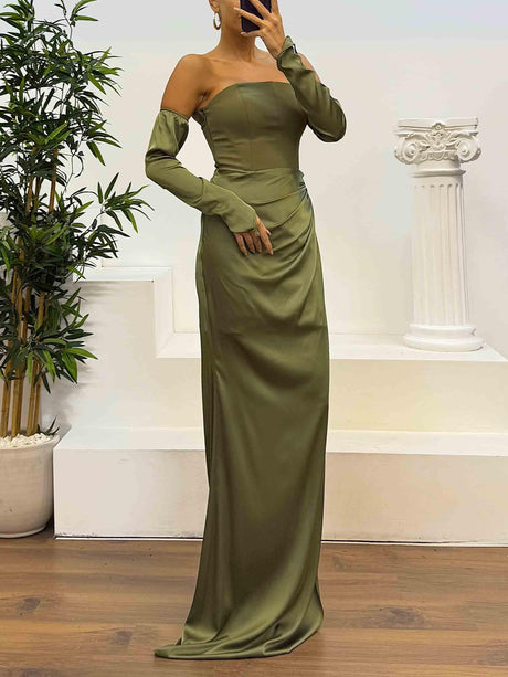 Aurohaya Elegant Strapless Satin Evening Maxi Dress