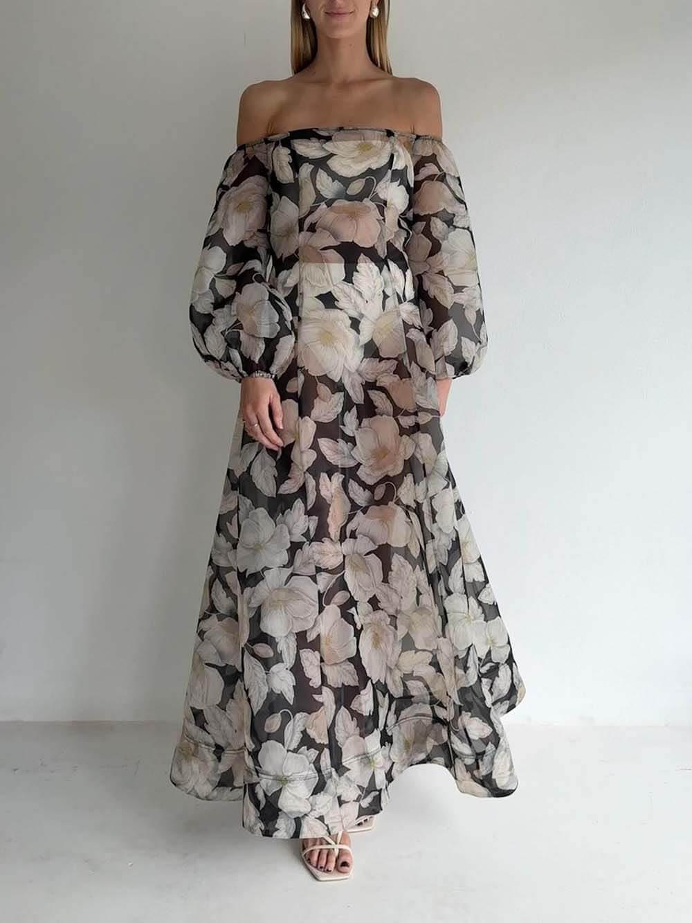 Aurohaya Elegant Off-Shoulder Printed Puff Sleeve Maxi Dress