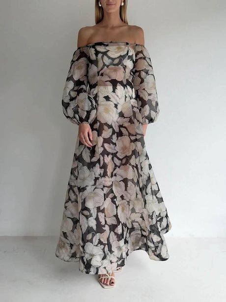 Aurohaya Elegant Off-Shoulder Printed Puff Sleeve Maxi Dress
