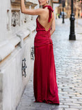 Elegant Low-waist Pleated Waist Satin Maxi Dress