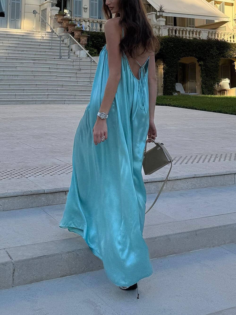 Aurohaya Elegant Satin Backless Slip Maxi Dress