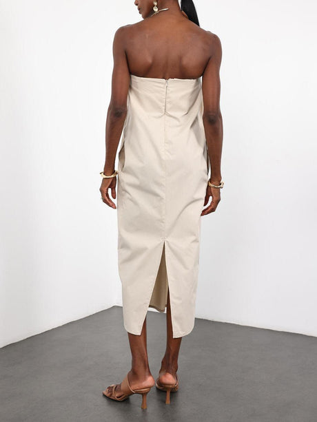 Aurohaya Elegant Beige Pleated Sweetheart Neck Maxi Dress