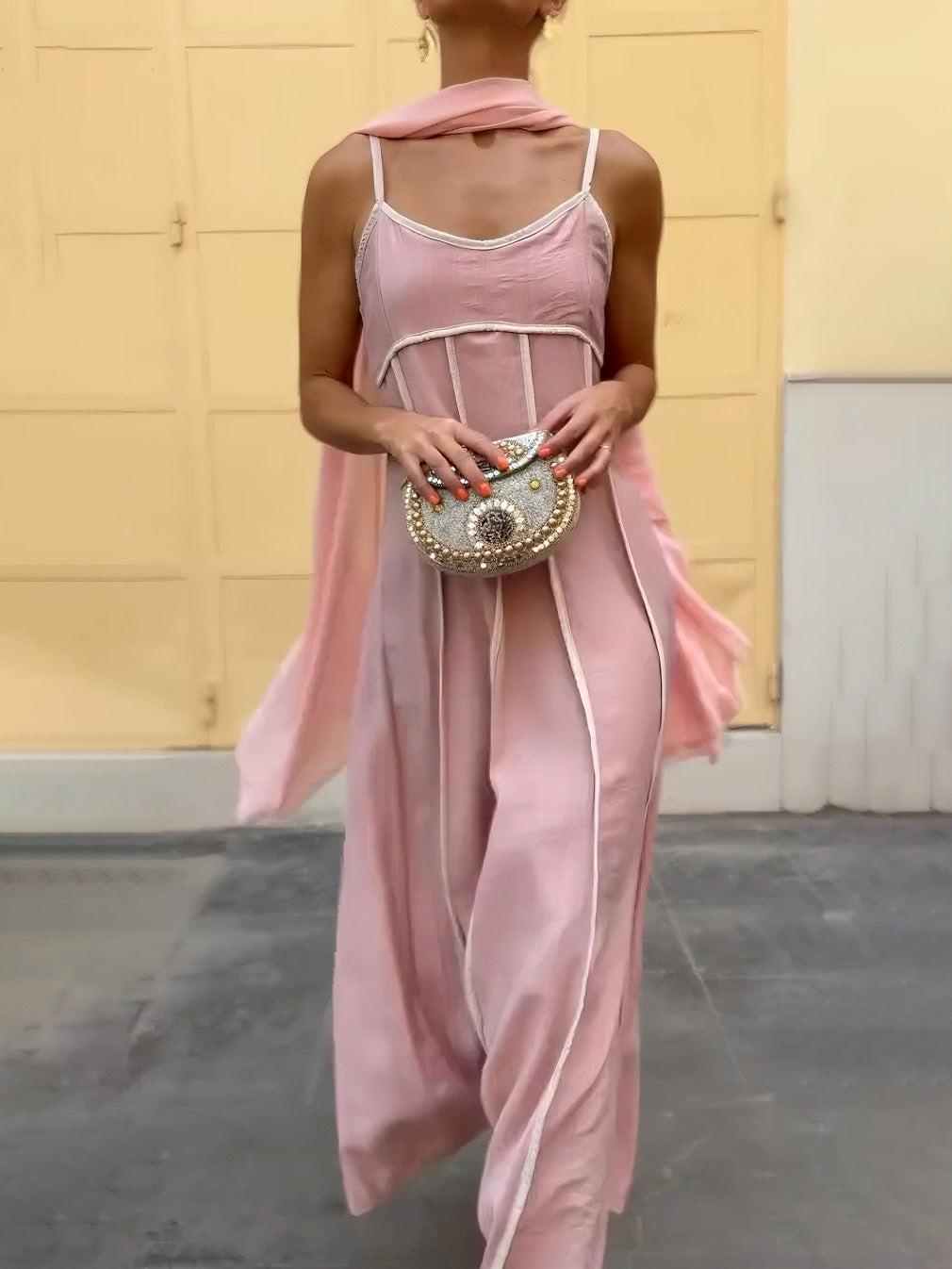 Aurohaya Elegant Draped Spaghetti Strap Maxi Dress With Scarf