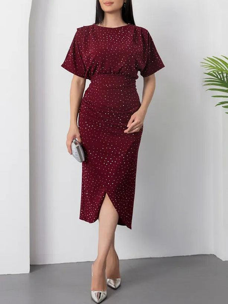 Aurohaya Elegant Round Neck Silver Polka Dot Print Slit Dress Dark Red