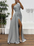 Elegant Sequins One-Shoulder Slit Pleats Evening Maxi Dress