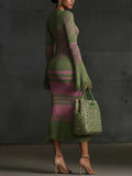Retro Irregular Striped Tassel Knitted Midi Dress