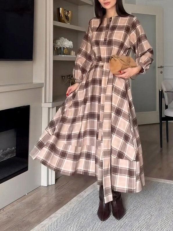 Aurohaya Casual Plaid Print Belted Maxi Dress