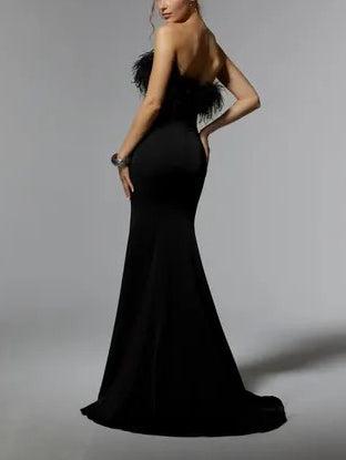 Aurohaya Elegant Off-the-shoulder Feather Floor-length Maxi Dress