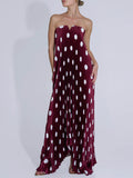 Elegant Strapless Polka Dot Print Pleated Maxi Dress
