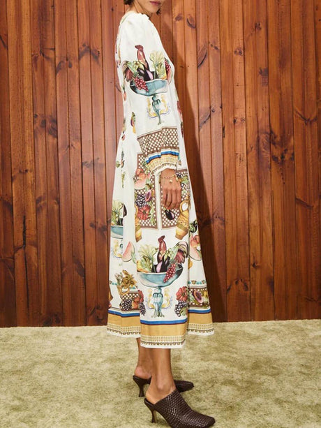 Aurohaya Casual Island Bloom Tropical Fruit Patchwork A-Line Maxi Dress