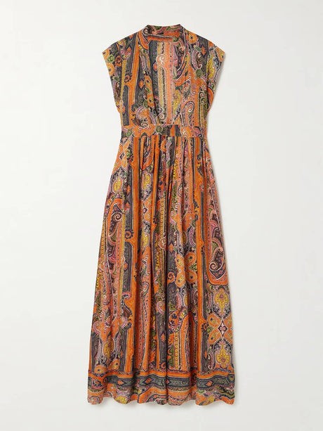 Aurohaya Delicate Belted Paisley Print Satin Maxi Dress