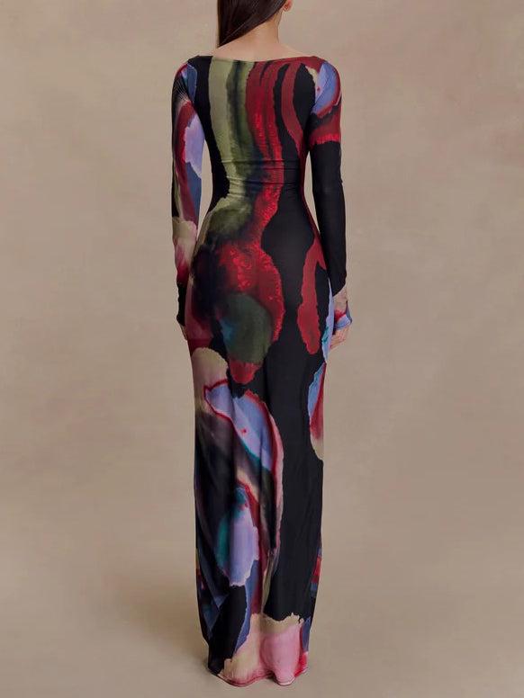 Aurohaya Exquisite Abstract Print Bodycon Long-sleeved Maxi Dress