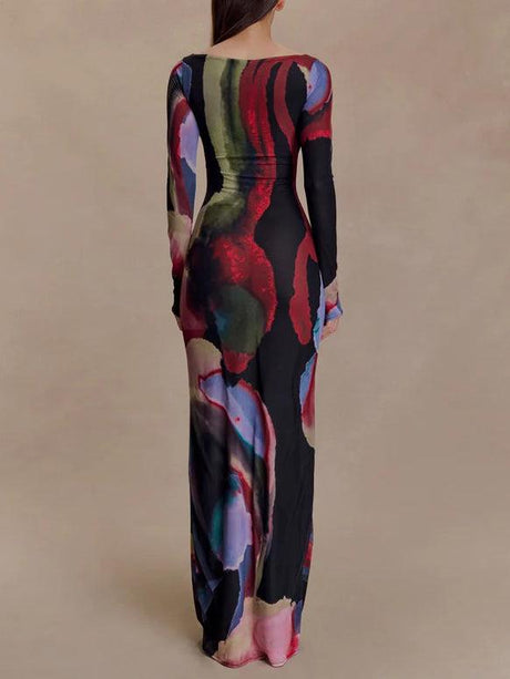 Aurohaya Exquisite Abstract Print Bodycon Long-sleeved Maxi Dress