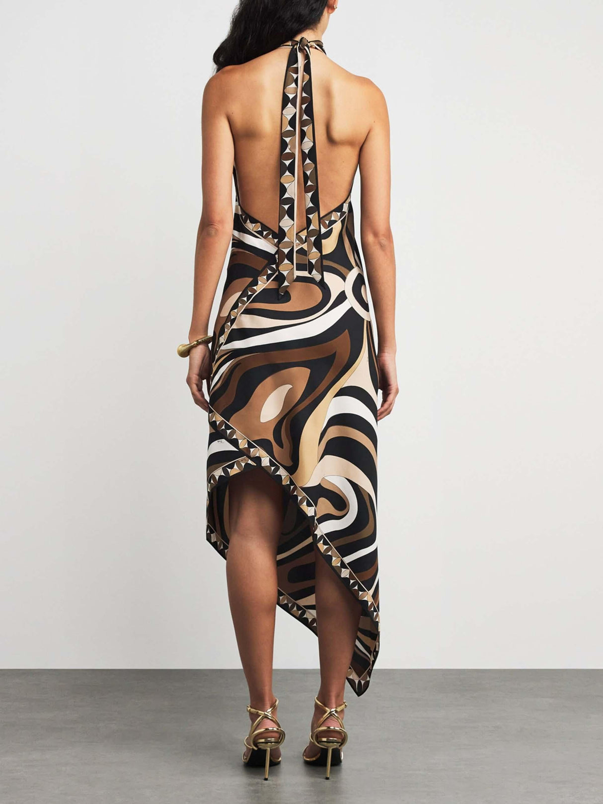 Aurohaya Exquisite Satin Irregular Print Halterneck Midi Dress