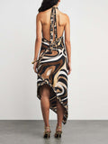 Exquisite Satin Irregular Print Halterneck Midi Dress
