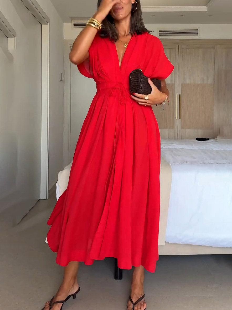 Aurohaya Elegant V-neck Drawstring Pleated Midi Dress