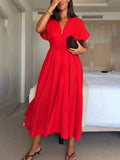 Elegant V-neck Drawstring Pleated Midi Dress