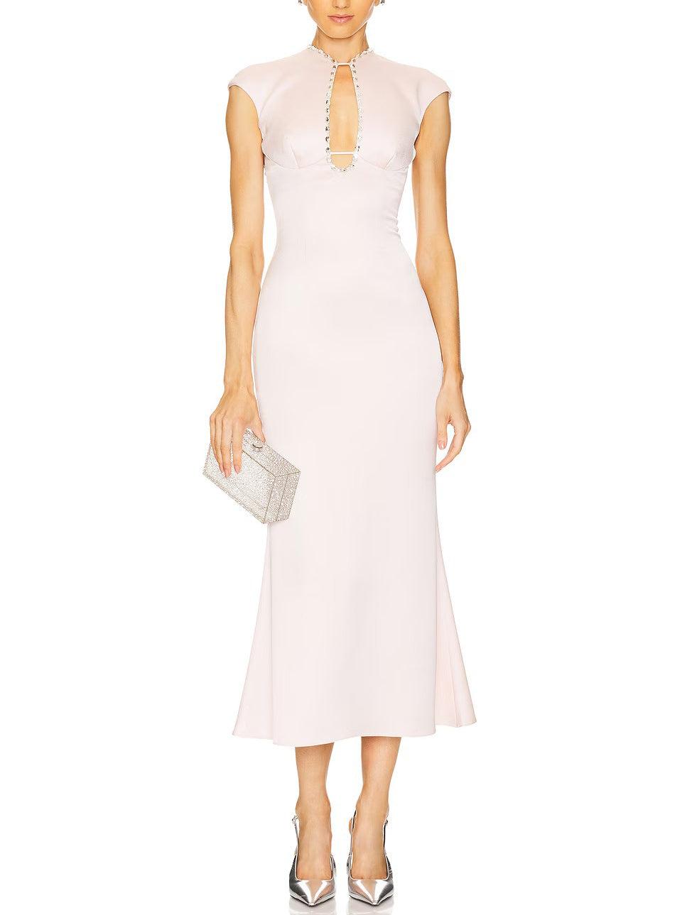 Aurohaya Elegant Satin Crystal Embellished Midi Dress