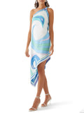Unique Satin Print One Shoulder Irregular Hem Midi Dress