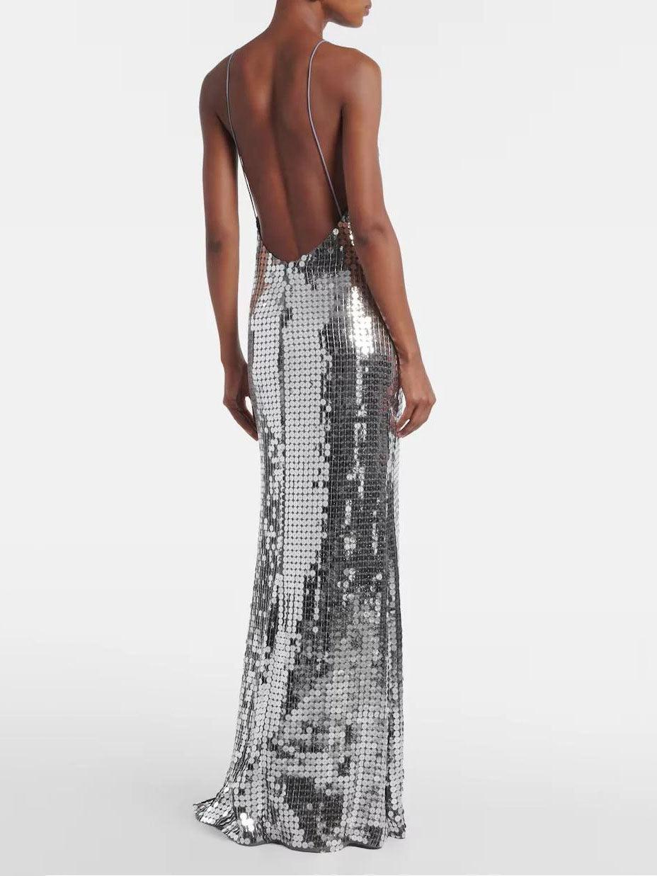 Aurohaya Elegant Sequined V-neck Open-back Maxi Dress