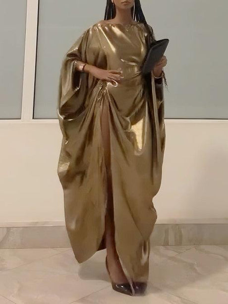 Aurohaya Elegant Metal Drawstring Bat Sleeve Robe Dress Gold