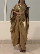 Aurohaya Elegant Metal Drawstring Bat Sleeve Robe Dress Gold