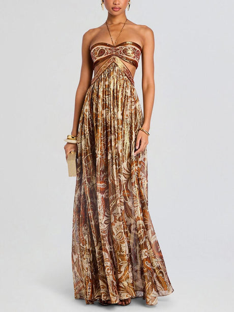 Aurohaya Elegant Hollow Print Halter Neck Backless Maxi Dress Gold