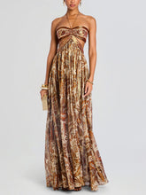 Elegant Hollow Print Halter Neck Backless Maxi Dress