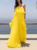 Aurohaya Elegant Chiffon Pleated Wavy Ruffles Trim Strapless Loose Maxi Dress Yellow