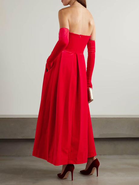 Aurohaya Elegant Strapless Pleated Velvet Gloves Maxi Dress