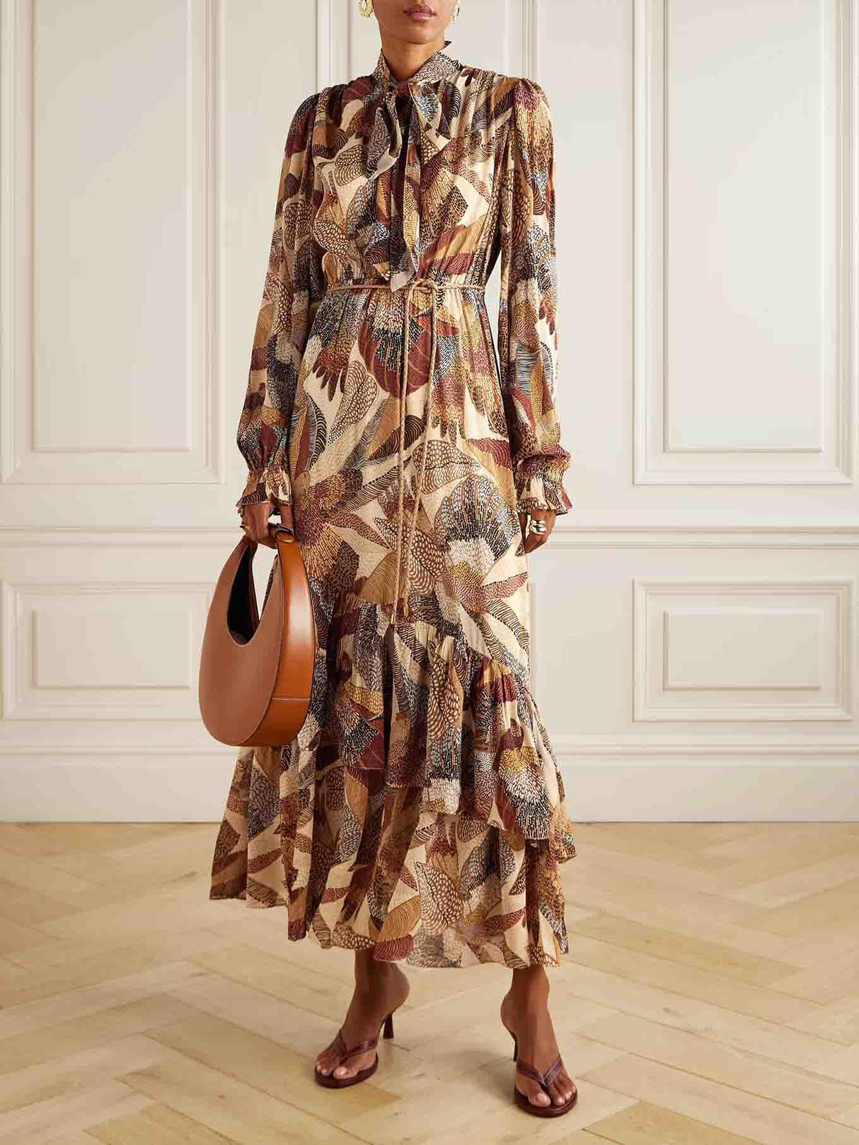 Aurohaya Exquisite Bohemian Print Belted Maxi Dress Cream