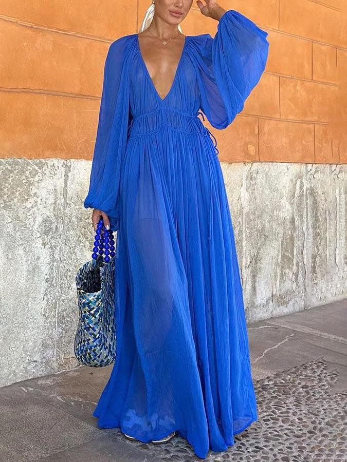 Aurohaya Elegant V-neck Chiffon Waist Pleated Maxi Dress