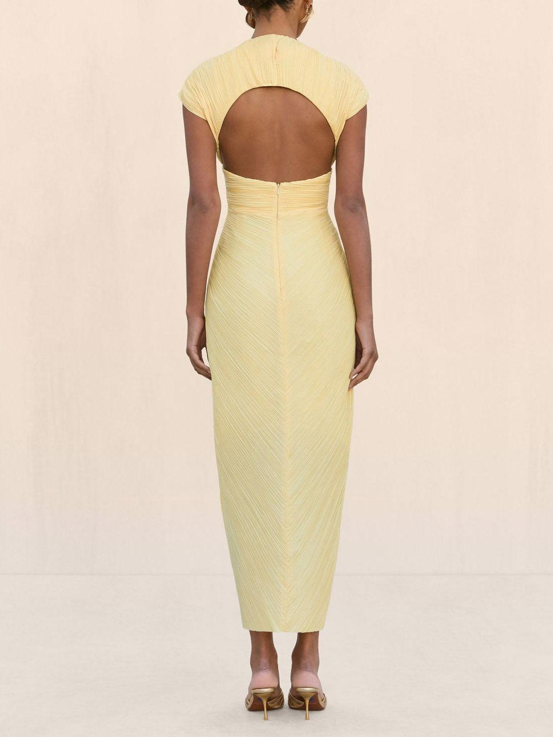 Aurohaya Elegant Pleated Cutout Slit Maxi Dress