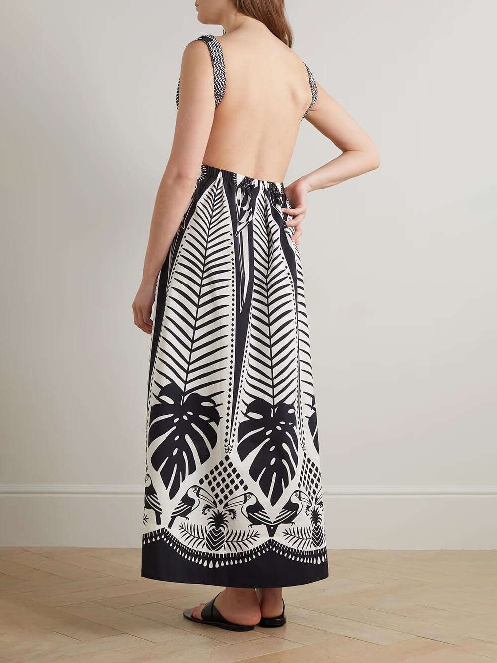 Aurohaya Elegant Open-Back Floral Print Satin Maxi Dress