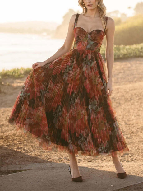 Aurohaya Elegant Floral-print Pleated Midi Dress