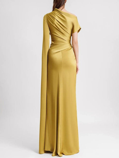 Aurohaya Elegant Irregular-sleeve Pleated Satin Maxi Dress