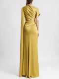 Elegant Irregular-sleeve Pleated Satin Maxi Dress