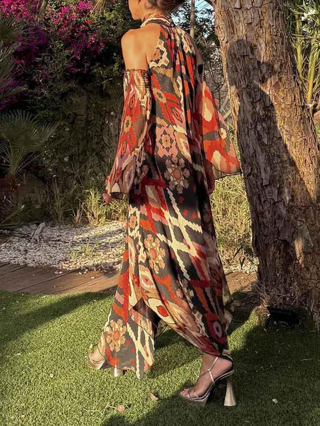 Aurohaya Retro Bohemian Geometric Print Convertible Sleeve Maxi Dress