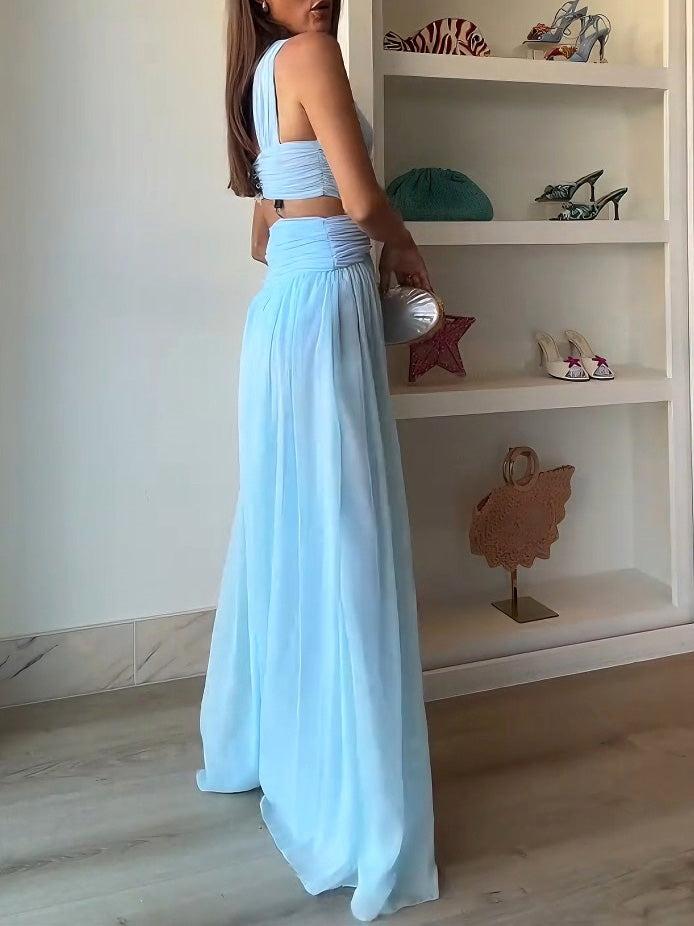 Aurohaya Elegant Halter Twist Front Cutout Pleated Maxi Dress
