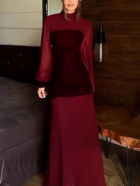 Aurohaya Elegant High Neck Velvet Panel Sheer Sleeve Maxi Dress