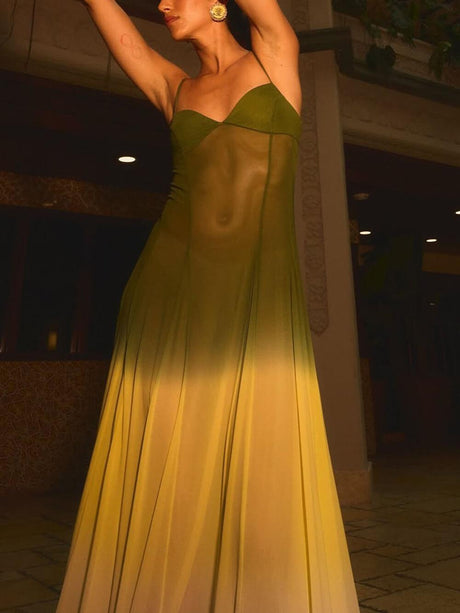 Aurohaya Exquisite See-through Tulle Ombre Print Slip Maxi Dress