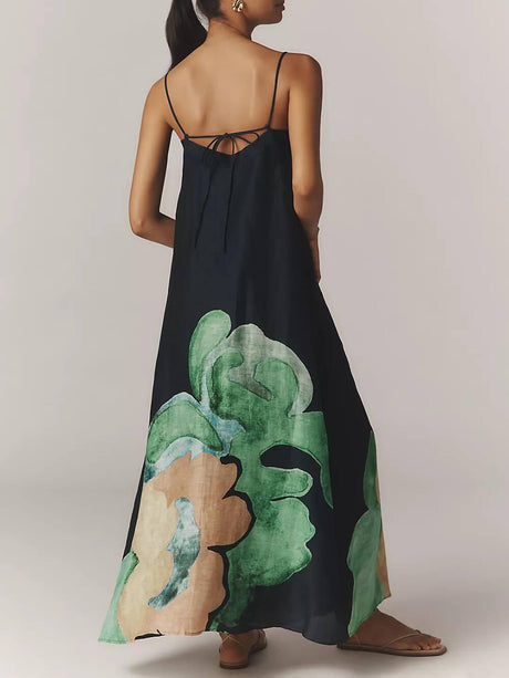 Aurohaya Delicate Strappy Backless Floral Linen Maxi Dress