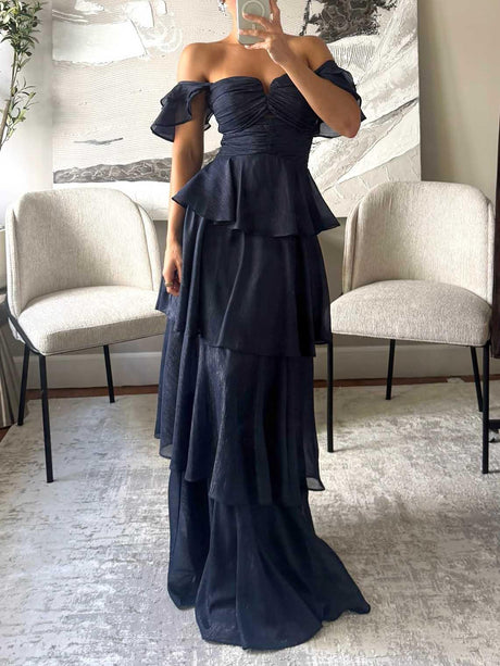 Aurohaya Elegant Off-The-Shoulder Ruffled Tiered Party Maxi Dress Blue