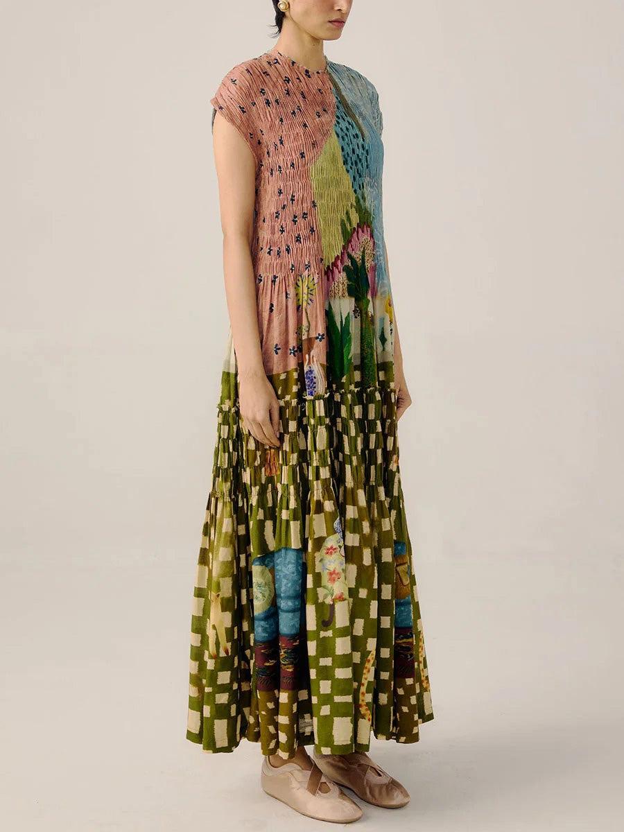 Aurohaya Retro Pleated Print Maxi Dress
