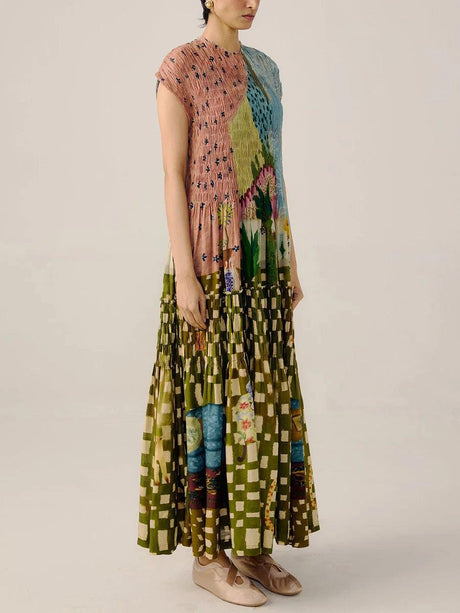 Aurohaya Retro Pleated Print Maxi Dress