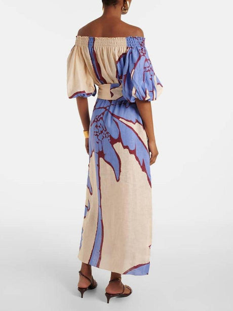 Aurohaya Exquisite Off-the-shoulder Palm Tree Print Maxi Dress