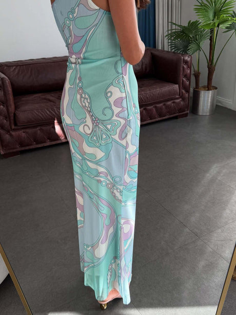 Aurohaya Elegant One-shoulder Abstract Floral Print Fitted Maxi Dress