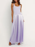 Aurohaya Elegant Curved Waist Spliced Satin Party Maxi Dress Purple