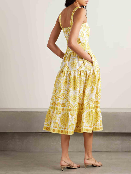 Aurohaya Exquisite Tile Floral Print Buttoned Midi Dress