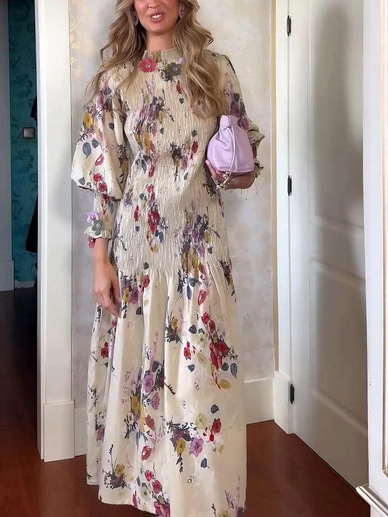 Aurohaya Elegant Crinkled Floral Print Puff Sleeve Maxi Dress